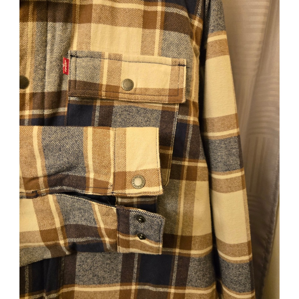 Levis Mens Hooded Flannel Sherpa Lined Plaid Shirt Jacket Tan Brown Blue Large - Picture 3 of 8